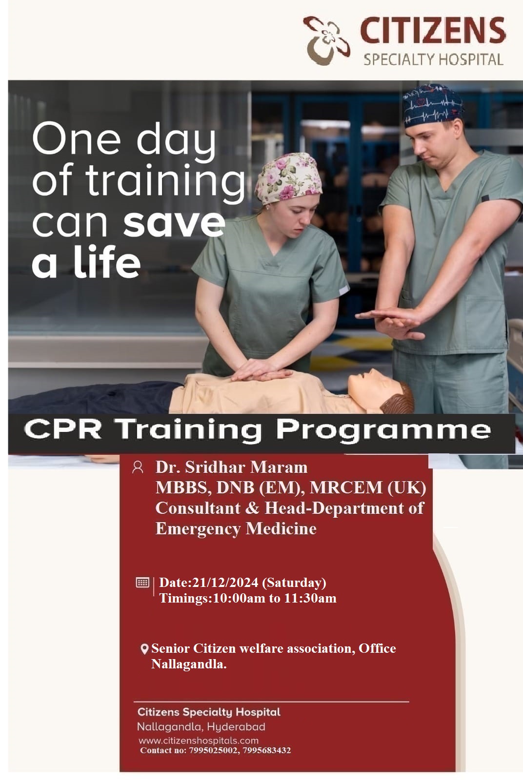 One-day CPR Practical Training Program to save a life on 21st Dec 2024 
  